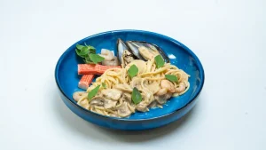 carbonara pasta كاربونارا باستا spaghetti pasta mushroom, garlic with mix premium seafood result