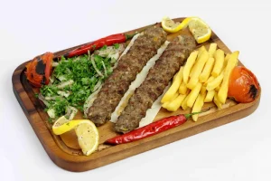 lamb kebab كباب لحم grilled marinated lamb meat skewers served tahina sauce, and fries, garlic sauce result